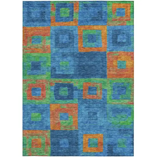 Denim Blue Green And Copper Geometric Washable Indoor Outdoor Area Rug Photo 7