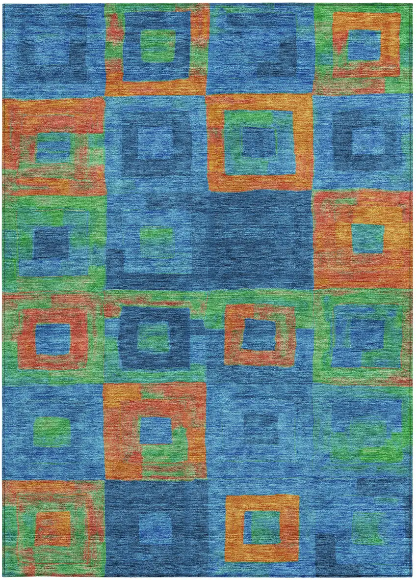 Denim Blue Green And Copper Geometric Washable Indoor Outdoor Area Rug Photo 7