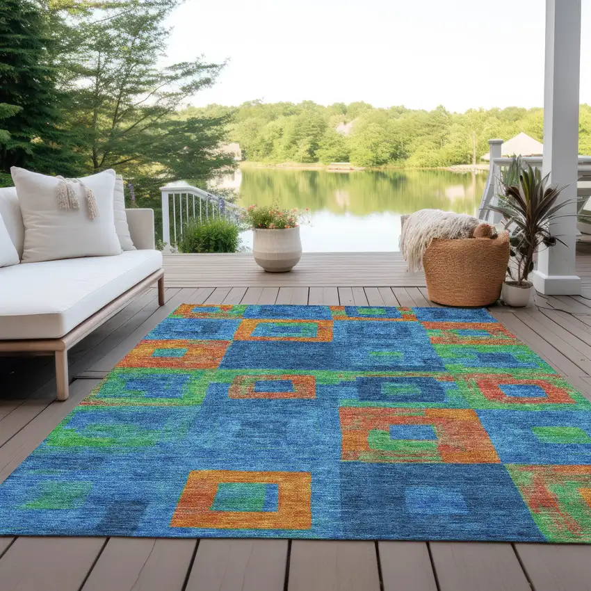 Denim Blue Green And Copper Geometric Washable Indoor Outdoor Area Rug Photo 8