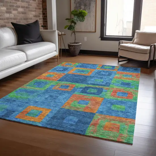Denim Blue Green And Copper Geometric Washable Indoor Outdoor Area Rug Photo 9