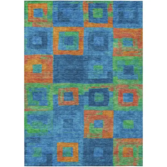 Denim Blue Green And Copper Geometric Washable Indoor Outdoor Area Rug Photo 2