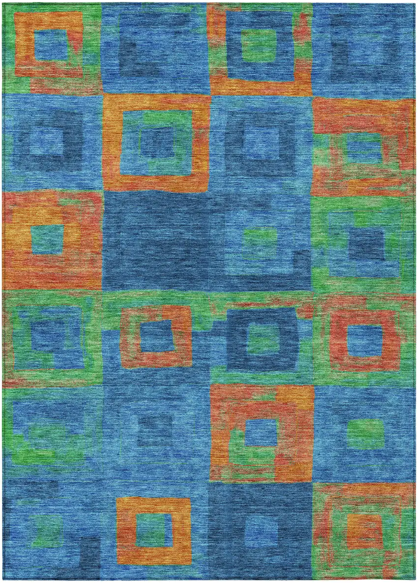 Denim Blue Green And Copper Geometric Washable Indoor Outdoor Area Rug Photo 2