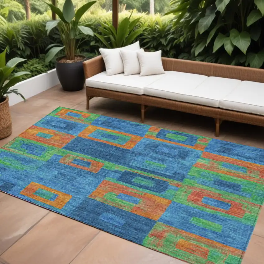 Denim Blue Green And Copper Geometric Washable Indoor Outdoor Area Rug Photo 1