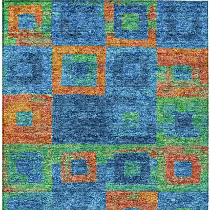 Denim Blue Green And Copper Geometric Washable Indoor Outdoor Area Rug Photo 7