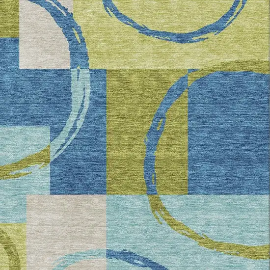 Denim Blue Green And Ivory Geometric Washable Area Rug With UV Protection Photo 2