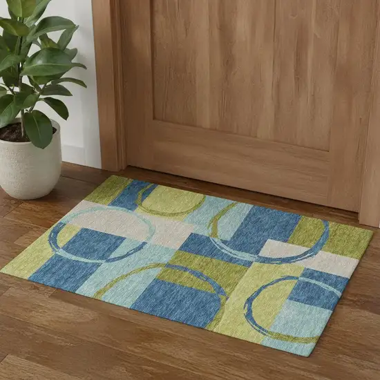 Denim Blue Green And Ivory Geometric Washable Area Rug With UV Protection Photo 2