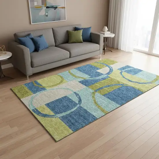 Denim Blue Green And Ivory Geometric Washable Area Rug With UV Protection Photo 2