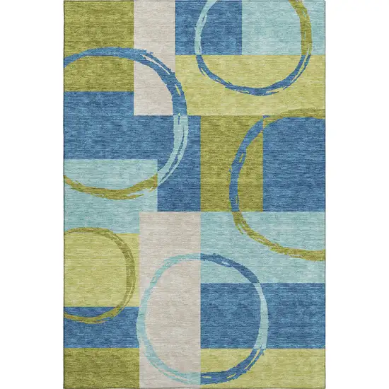 Denim Blue Green And Ivory Geometric Washable Area Rug With UV Protection Photo 1
