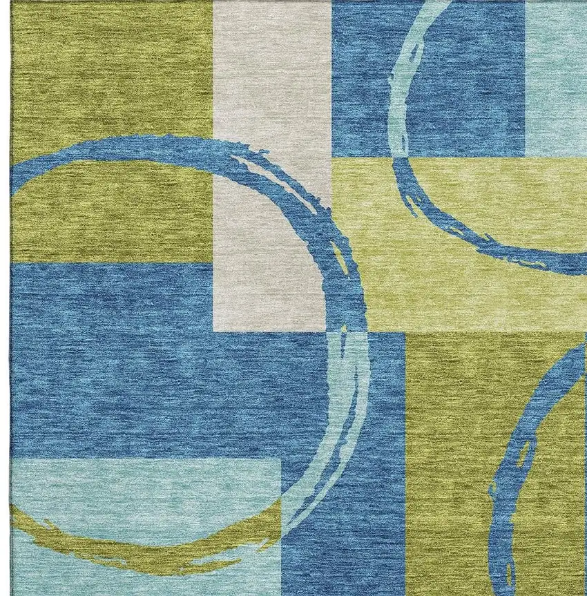 Denim Blue Green And Ivory Geometric Washable Area Rug With UV Protection Photo 2