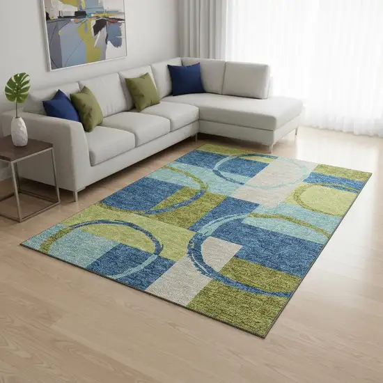 Denim Blue Green And Ivory Geometric Washable Area Rug With UV Protection Photo 2