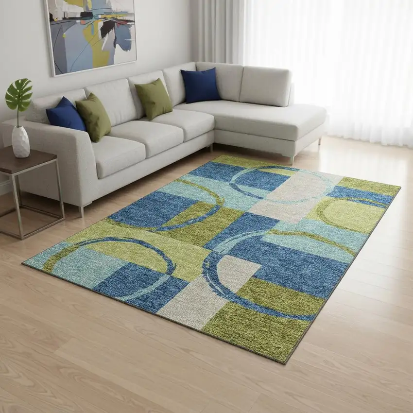 Denim Blue Green And Ivory Geometric Washable Area Rug With UV Protection Photo 2