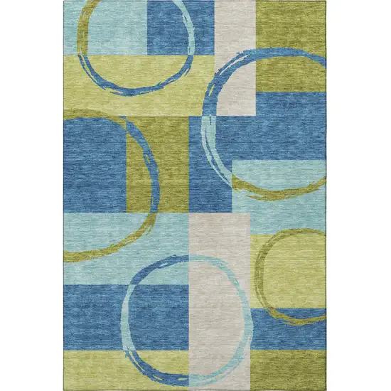Denim Blue Green And Ivory Geometric Washable Area Rug With UV Protection Photo 2