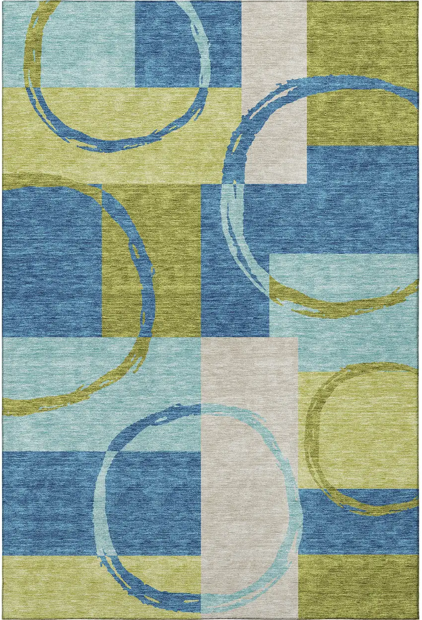Denim Blue Green And Ivory Geometric Washable Area Rug With UV Protection Photo 2