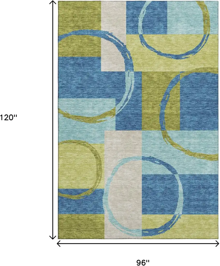 Denim Blue Green And Ivory Geometric Washable Area Rug With UV Protection Photo 9
