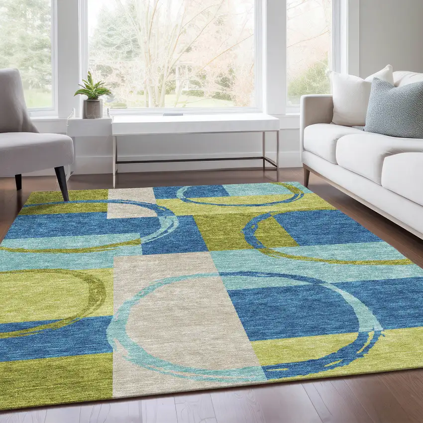 Denim Blue Green And Ivory Geometric Washable Area Rug With UV Protection Photo 4