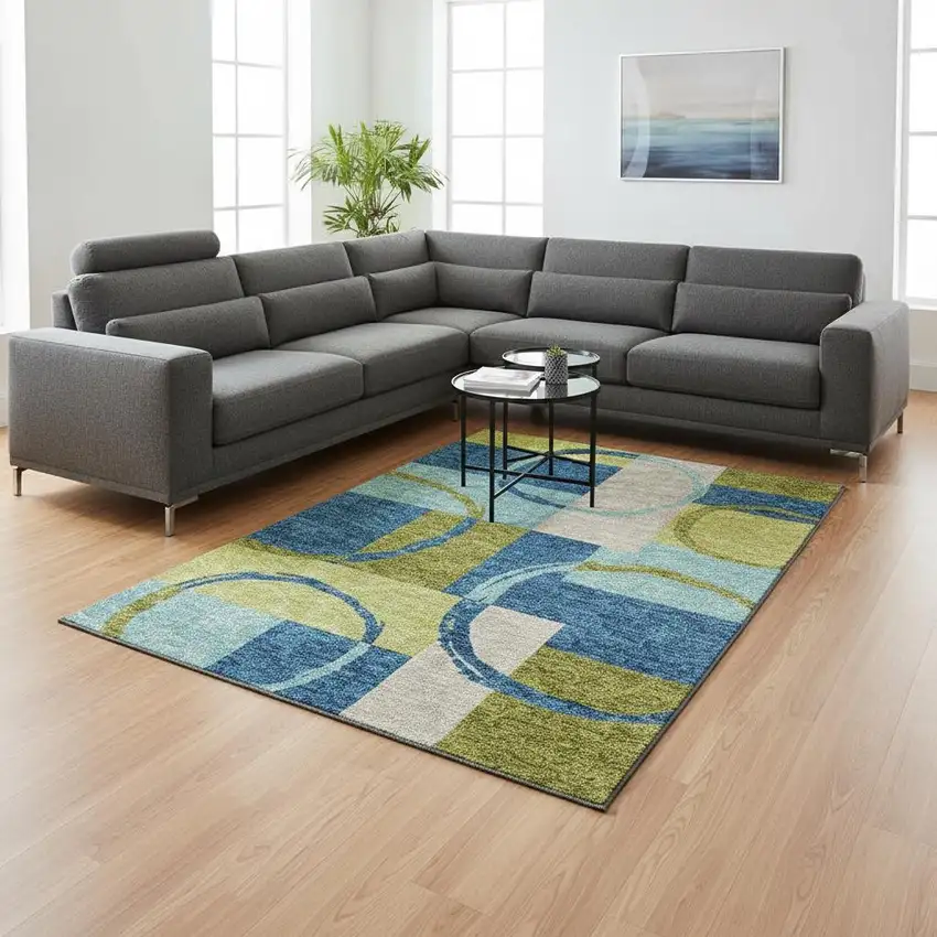 Denim Blue Green And Ivory Geometric Washable Area Rug With UV Protection Photo 2