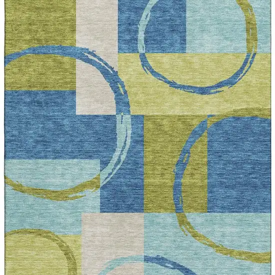 Denim Blue Green And Ivory Geometric Washable Area Rug With UV Protection Photo 3