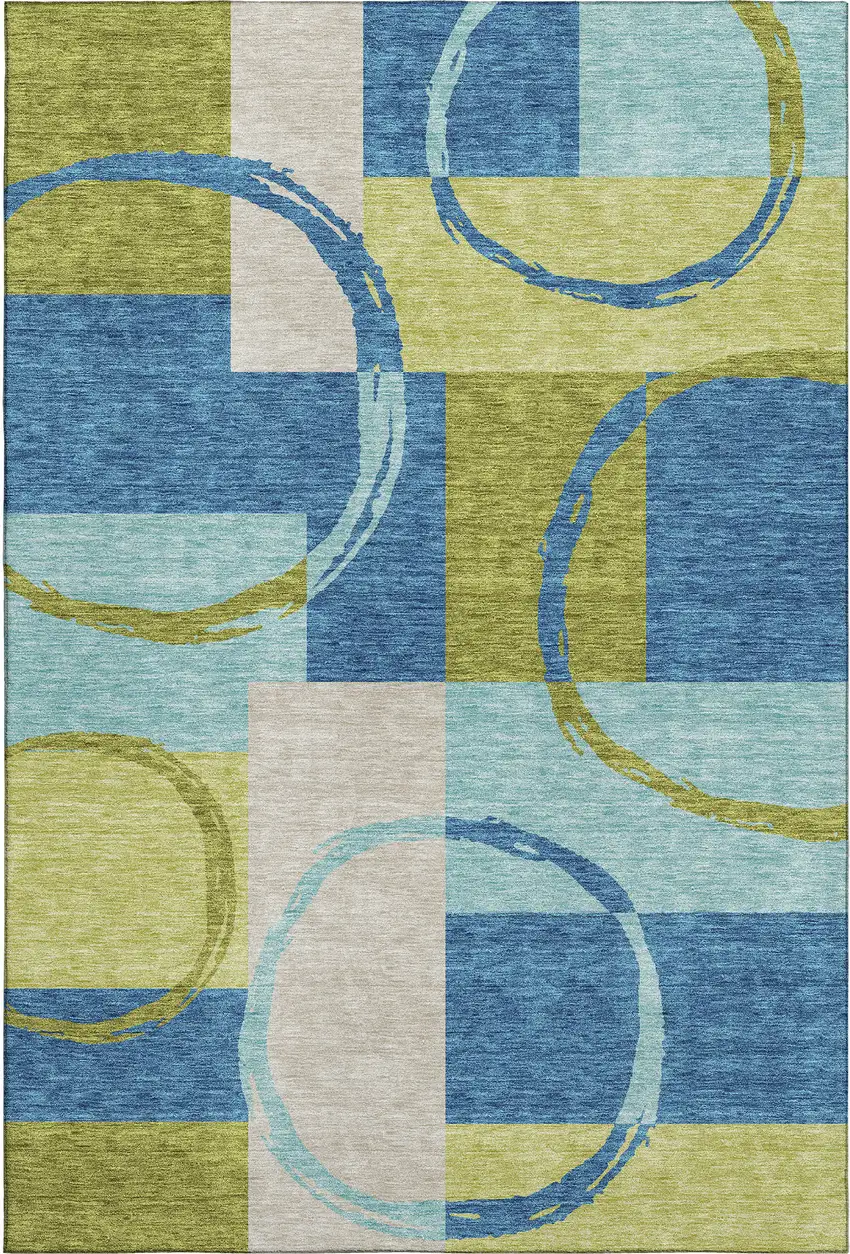 Denim Blue Green And Ivory Geometric Washable Area Rug With UV Protection Photo 1