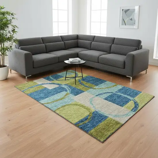 Denim Blue Green And Ivory Geometric Washable Area Rug With UV Protection Photo 2