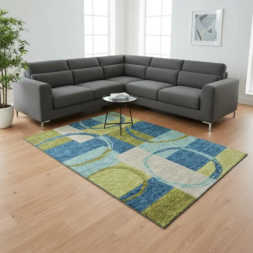 Denim Blue Green And Ivory Geometric Washable Area Rug With UV Protection Photo 2