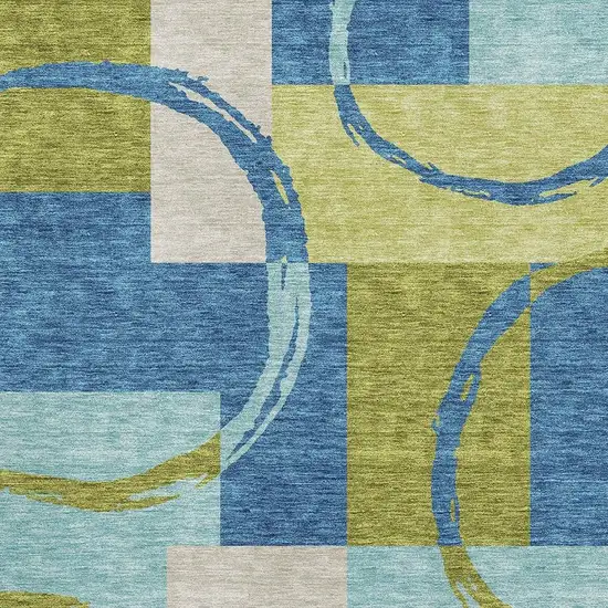 Denim Blue Green And Ivory Geometric Washable Area Rug With UV Protection Photo 2