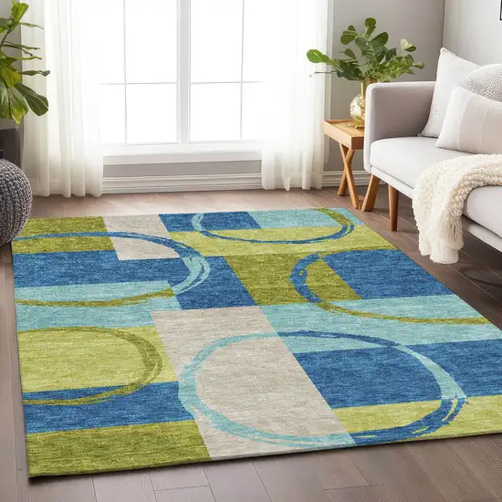Denim Blue Green And Ivory Geometric Washable Area Rug With UV Protection Photo 4