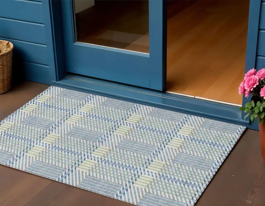 Denim Blue Green And Ivory Plaid Washable Indoor Outdoor Area Rug Photo 1