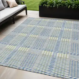 Photo of Denim Blue Green And Ivory Plaid Washable Indoor Outdoor Area Rug