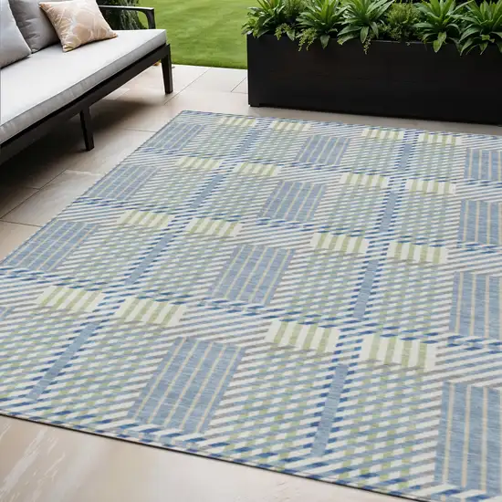 Denim Blue Green And Ivory Plaid Washable Indoor Outdoor Area Rug Photo 1