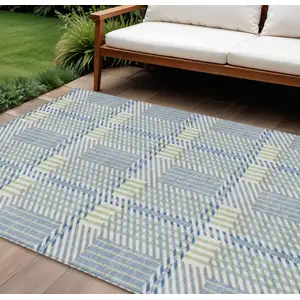 Photo of Denim Blue Green And Ivory Plaid Washable Indoor Outdoor Area Rug