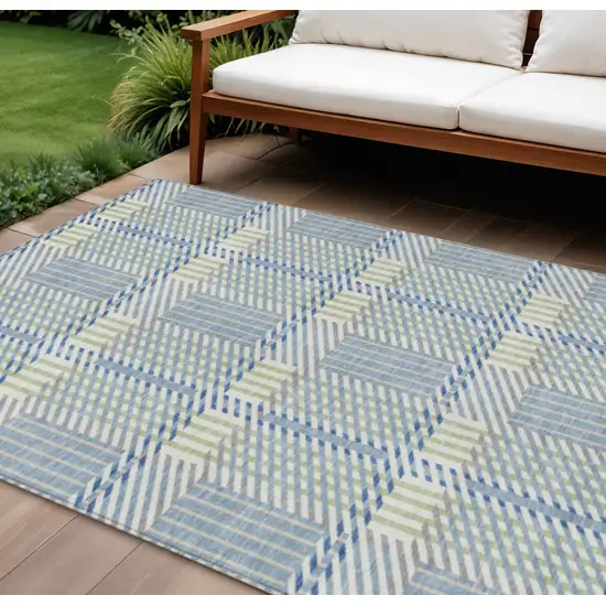 Denim Blue Green And Ivory Plaid Washable Indoor Outdoor Area Rug Photo 1