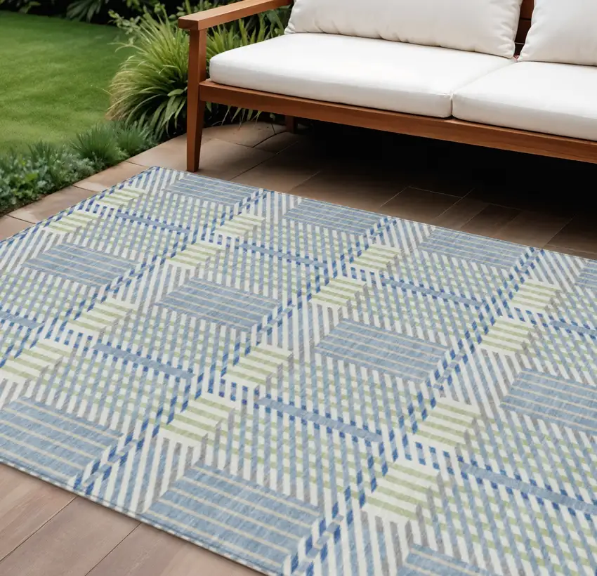 Denim Blue Green And Ivory Plaid Washable Indoor Outdoor Area Rug Photo 1