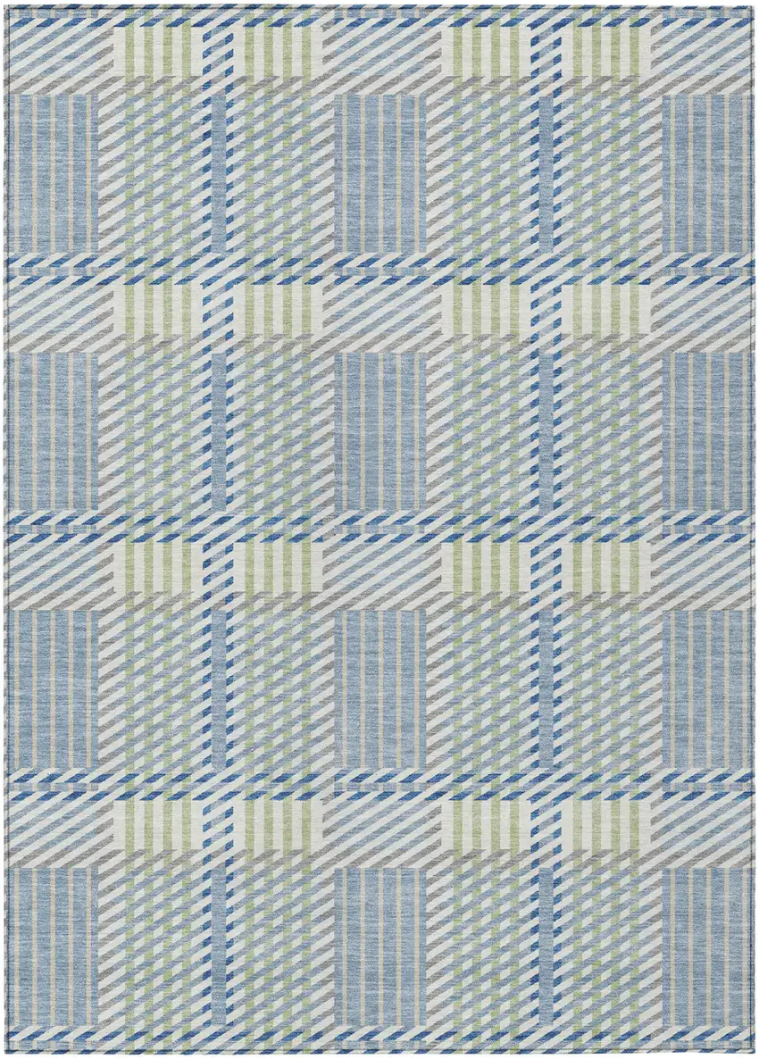 Denim Blue Green And Ivory Plaid Washable Indoor Outdoor Area Rug Photo 2