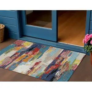 Photo of Denim Blue Green Red And Orange Abstract Washable Indoor Outdoor Area Rug