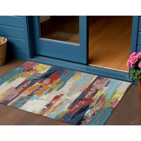 Denim Blue Green Red And Orange Abstract Washable Indoor Outdoor Area Rug Photo 1