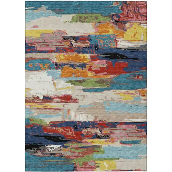 Denim Blue Green Red And Orange Abstract Washable Indoor Outdoor Area Rug Photo 2