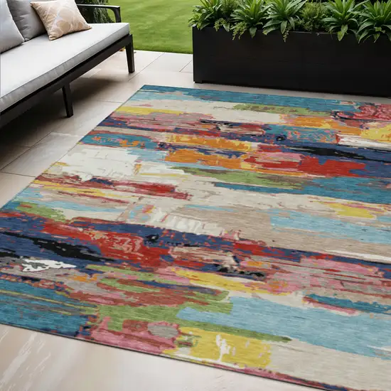 Denim Blue Green Red And Orange Abstract Washable Indoor Outdoor Area Rug Photo 1