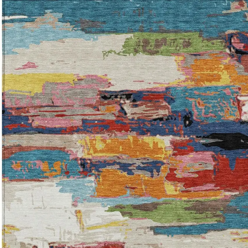 Denim Blue Green Red And Orange Abstract Washable Indoor Outdoor Area Rug Photo 5