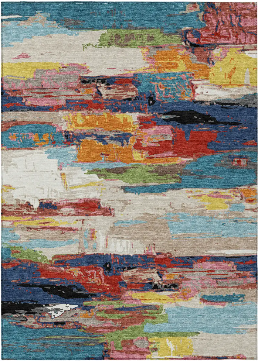 Denim Blue Green Red And Orange Abstract Washable Indoor Outdoor Area Rug Photo 2