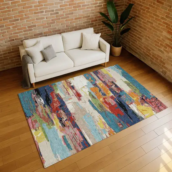 Denim Blue Green Red And Orange Abstract Washable Indoor Outdoor Area Rug Photo 8
