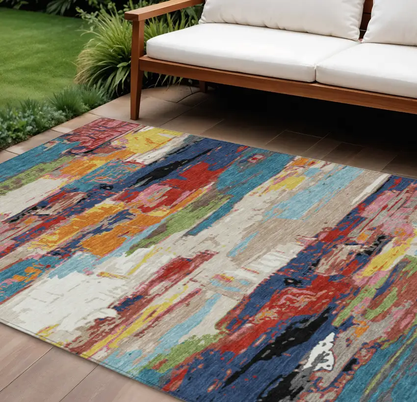 Denim Blue Green Red And Orange Abstract Washable Indoor Outdoor Area Rug Photo 1