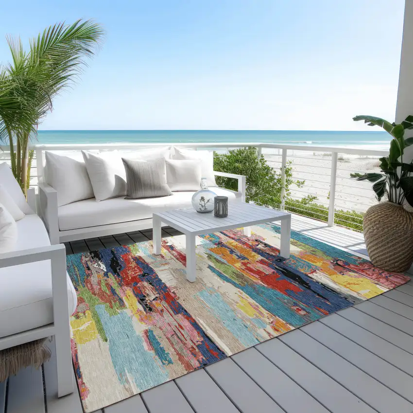 Denim Blue Green Red And Orange Abstract Washable Indoor Outdoor Area Rug Photo 9