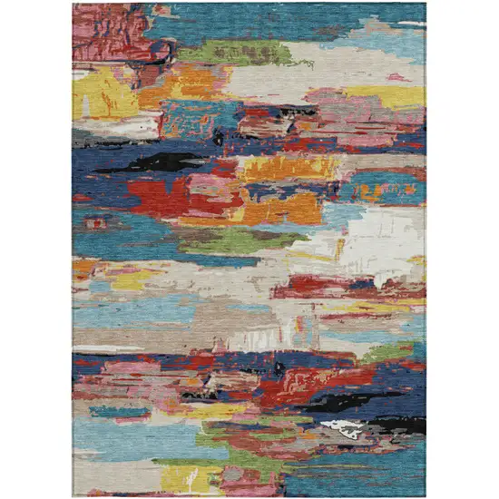 Denim Blue Green Red And Orange Abstract Washable Indoor Outdoor Area Rug Photo 4