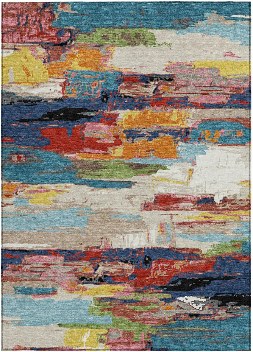 Denim Blue Green Red And Orange Abstract Washable Indoor Outdoor Area Rug Photo 4