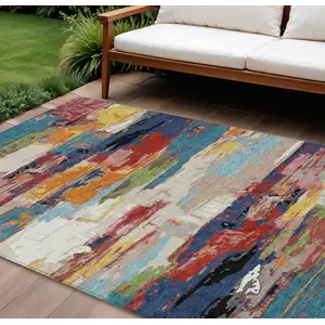 Photo of Denim Blue Green Red And Orange Abstract Washable Indoor Outdoor Area Rug