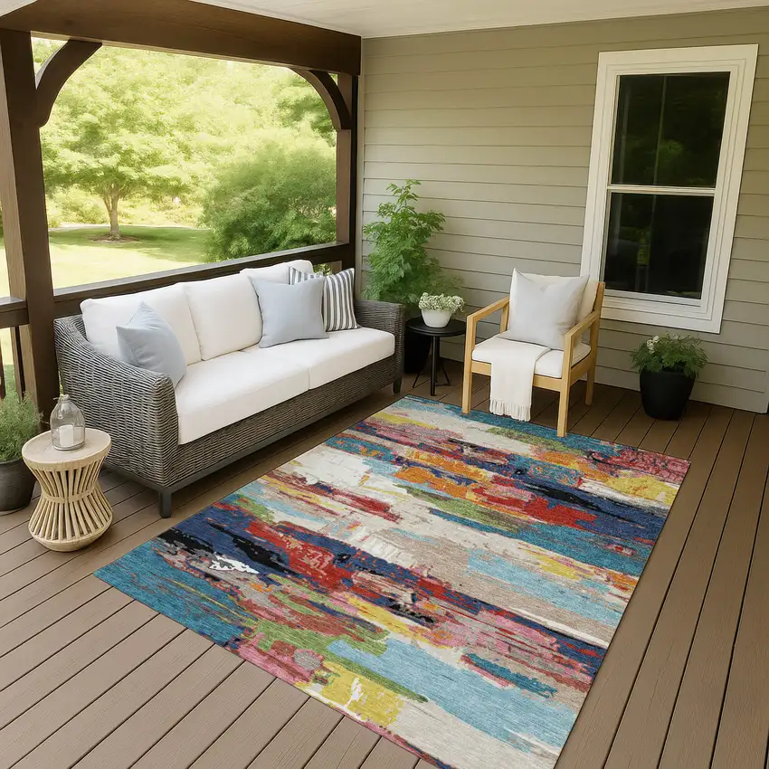 Denim Blue Green Red And Orange Abstract Washable Indoor Outdoor Area Rug Photo 8