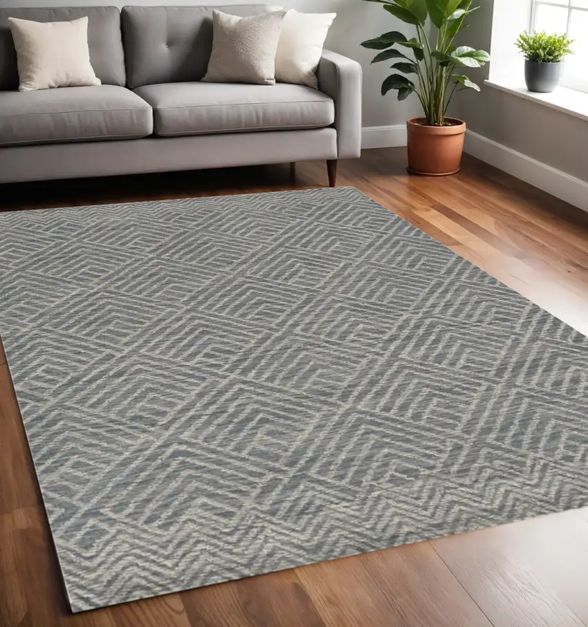 Denim Blue And Gray Wool Geometric Hand Tufted Area Rug Photo 1