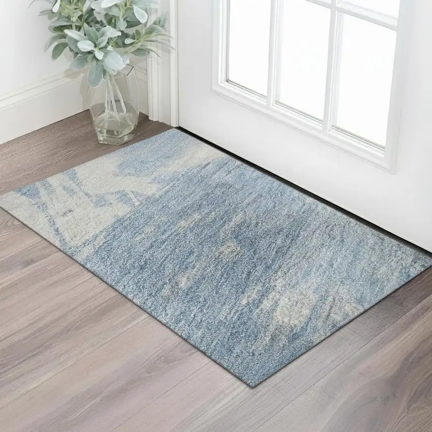 Denim Blue Ivory And Beige Abstract Washable Area Rug With UV Protection Photo 2