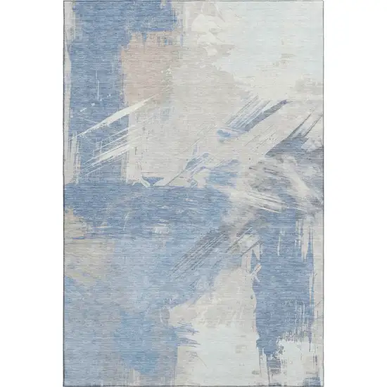 Denim Blue Ivory And Beige Abstract Washable Area Rug With UV Protection Photo 5