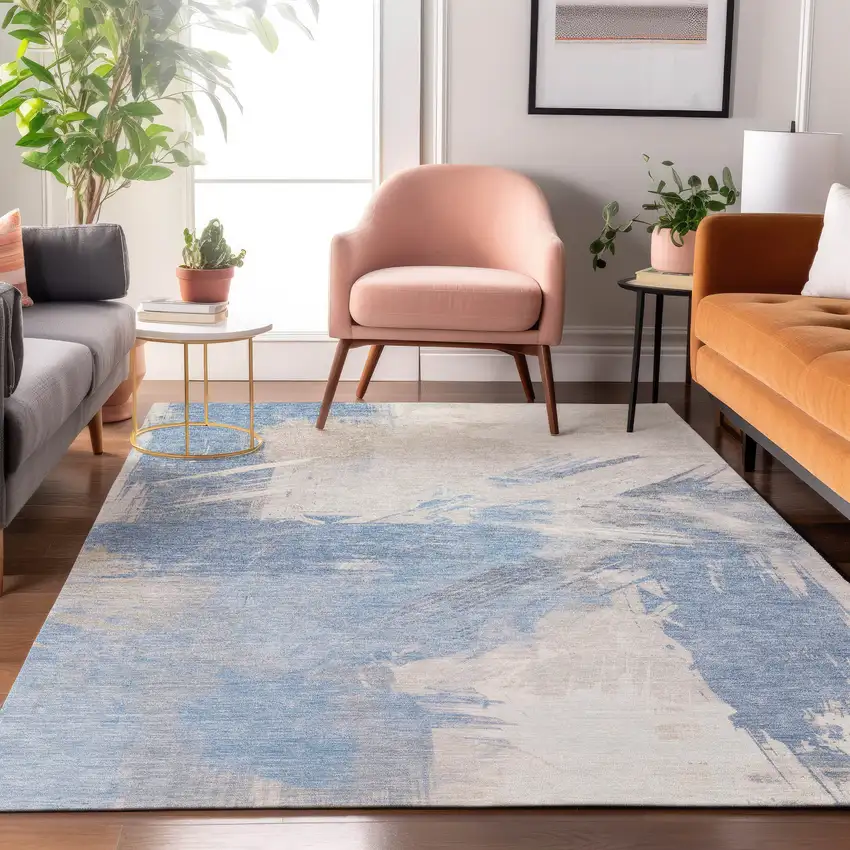 Denim Blue Ivory And Beige Abstract Washable Area Rug With UV Protection Photo 4